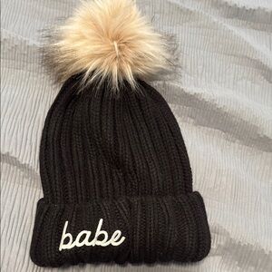 Black Knit Beanie with Faux Fur Pom - Babe